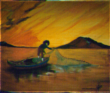 Pescador recogiendo las telas al atardecer...